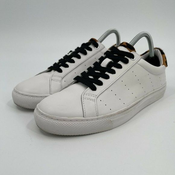 J. Crew Saturday Sneakers L7197 Womens Size 8 White Leather Leopard Trim - Picture 2 of 10